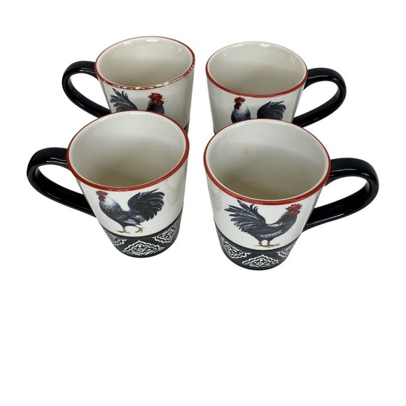 Cracker Barrel Rooster Coffee Mugs Set of 4 Black White Red Trim Ceramic - Picture 2 of 4